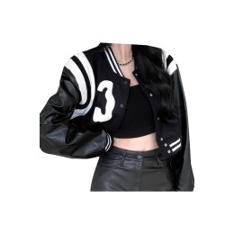 Online order American style sweet cool hot girl PU leather baseball uniform design splicing baseball uniform female spring and autumn ins tide loose short jacket jacket top Y2K millennial style retro baseball jacket retro fashion SKBJ027 Online order American style sweet cool hot girl PU leather baseball uniform design splicing baseball uniform female spring and autumn ins tide loose short jacket jacket top Y2K millennial style retro baseball jacket retro fashion SKBJ027